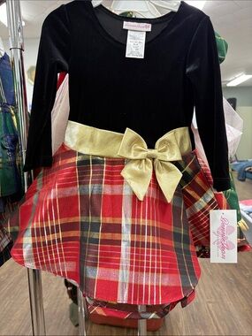 Bonnie Jean Black Velvet Top Red Plaid Skirt Dress with Gold Bow Accent
